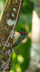 Wild beautiful bird Coppersmith barbet (Psilopogon haemacephalus) perching on a wood