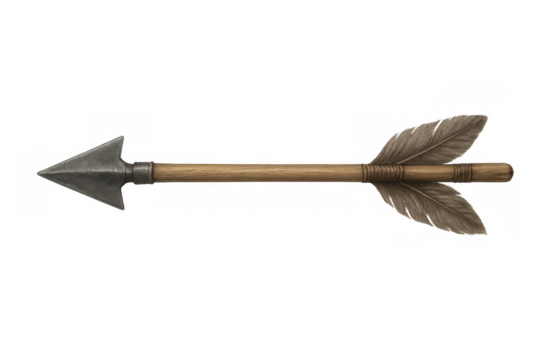 Sharp wooden arrow featuring metal tip and natural feather fletching against transparent backdrop