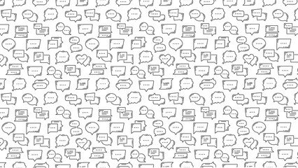 A seamless pattern of various speech bubbles in black outline on a white background design element