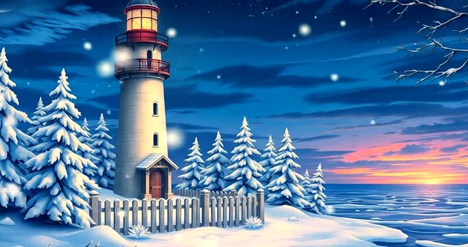 Cartoon snowy lighthouse scene with snow-dusted fence, fir trees, and icy sea under twilight sky