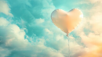 Fototapeta premium Heart Shaped Balloon Floating Among Clouds in a Dreamlike Sky Panorama
