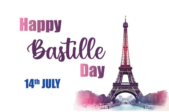 Happy Bastille Day July 14th celebration vector. Colorful artistic depiction of Bastille Day, featuring the Eiffel Tower and celebration text, commemorating France's National Day 