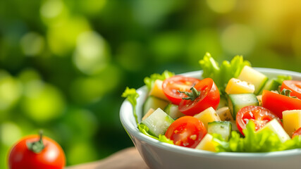 Fresh salad with tomatoes and cucumbers in a white bowl outdoors