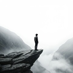 Solitary Figure Standing on Cliff Edge Surrounded by Misty Mountains