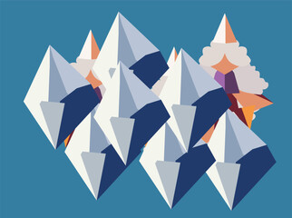Obraz premium A unique flat vector illustration featuring abstract geometric mountains and fantasy mountain monster creatures with sharp teeth. The design combines icy triangular peaks with imaginative, asasa