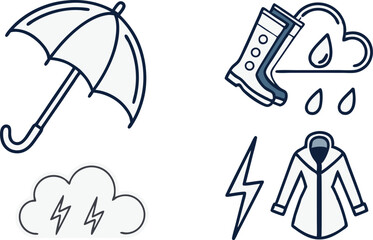 Rainy Season Icon Set with Flat Weather Symbols. Minimal Weather Icons for Rainy Days and Forecast Design. Flat Rain Illustration Set with Umbrella and Raindrop Icons. Clean r Design for Monsoon