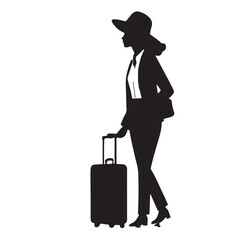 flat vector of a woman traveler standing with a rolling suitcase