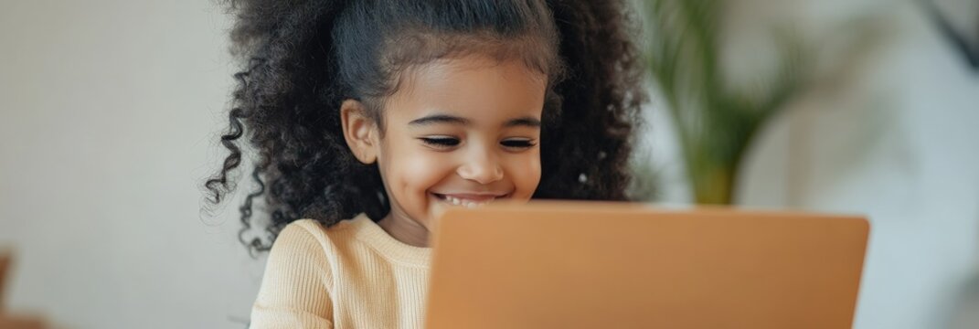 Happy pupil with curly hair using laptop at home, enjoying online education and smiling, showing the benefits of technology in modern learning for elementary school children