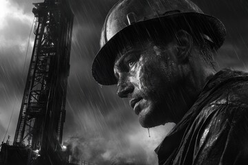Oil rig worker standing in the rain with dramatic sky