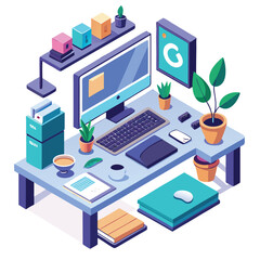 Fototapeta premium isometric-3d-workspace-desk-setup-with-monitor--co.eps