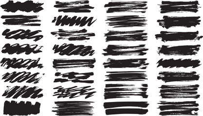 Collection of diverse black ink brush stroke textures and paint splatters on a clean white background
