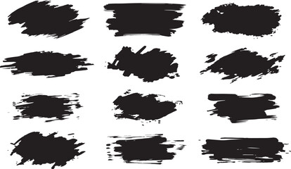 Collection of twelve diverse black ink brush stroke splatters and paint smears on a clean white background