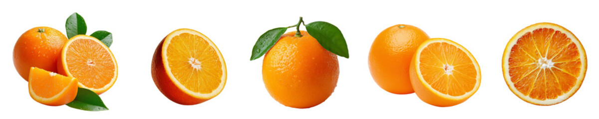 Orange citrus fruit isolated on white or transparent background.  orange fruits cut half and slice  set collection 