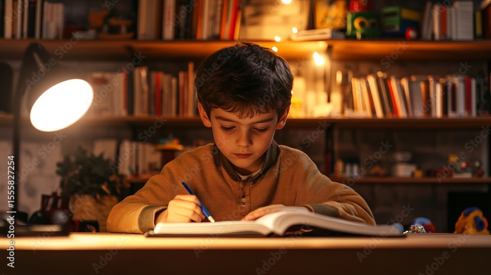Poster young student completing homework assignment, writing in notebook while seated at desk in cozy bedro