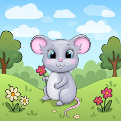 Cartoon illustration of a cute gray mouse sitting on green grass surrounded by colorful flowers and trees, under a blue sky