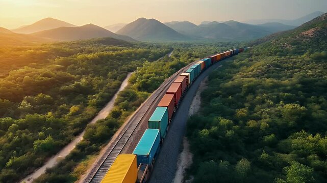 freight train transporting containers through a mountain valley