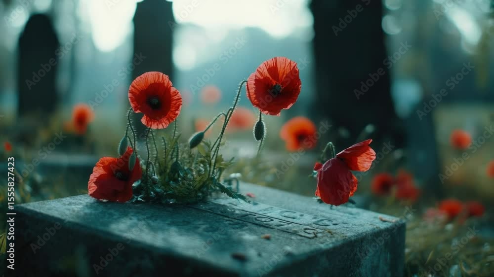 Poster a bouquet of red flowers sits atop a gray concrete block, adding a pop of color to the urban scene