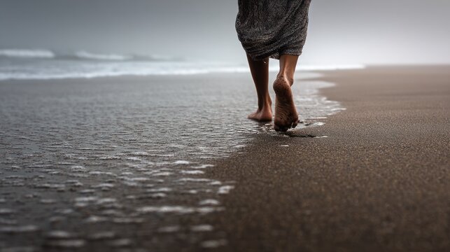 Barefoot walk on wet beach