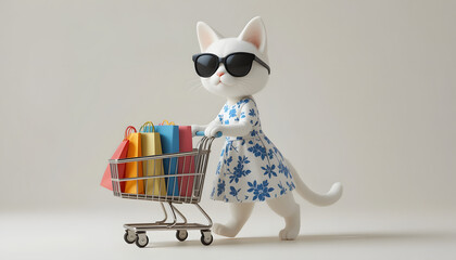 Adorable White Cat Shopper in Stylish Sunglasses Pushing a Tiny Shopping Cart Filled with Colorful Bags on a Light Grey Background.	