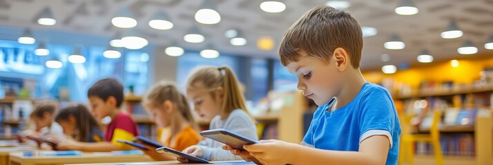 Group of elementary school students sitting at desks in library using digital tablets for educational purposes, embracing modern learning technology in a bright and spacious environment