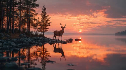 Red deer stag at sunrise by a misty lake