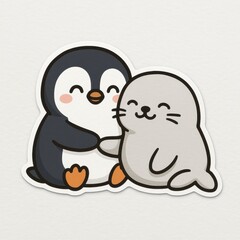 Cute Penguin and Seal Embrace Cartoon Illustration
