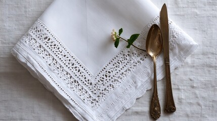 A linen napkin with lace trim, in a white color, and cutlery on the right side of it. Product photography.