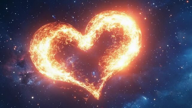 Fiery heart shape glowing in the cosmos, surrounded by stars and a vibrant galaxy backdrop