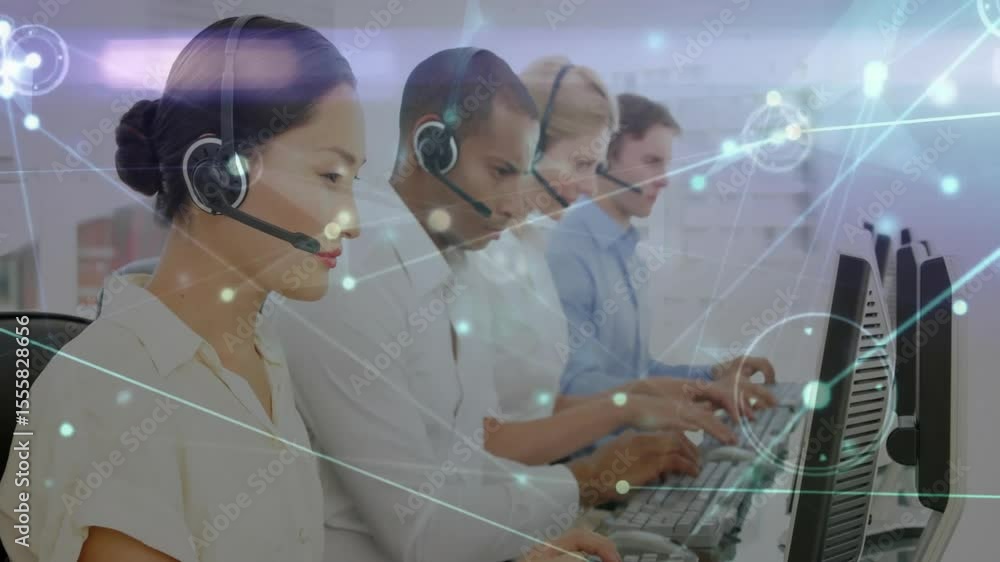 Poster call center agents wearing headsets receiving calls while network overlay pulsing connectivity