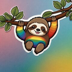 Happy Sloth in Rainbow Sweater Hanging on Tree Branch