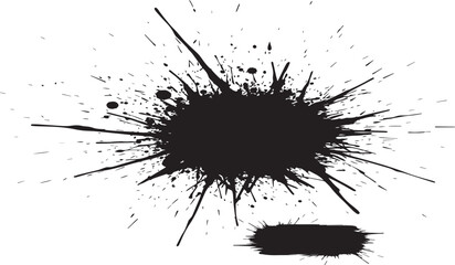 Dynamic black ink splatter splash with fine spray and droplets creating a chaotic abstract artistic background on white