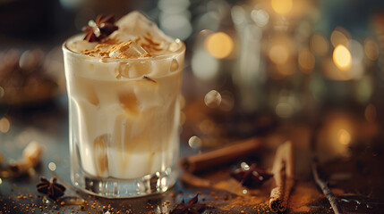 Creamy drink delights the senses with refreshing ice, cinnamon, star anise, a delicious beverage perfect for cozy moments and festive celebrations.