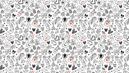 Doodle pattern with hearts clouds and other cute elements in black and white for a festive background