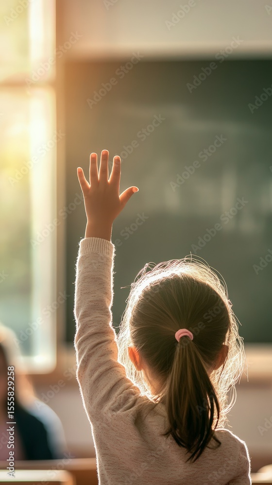 Poster elementary school student raising her hand enthusiastically, eager to answer questions and engage in