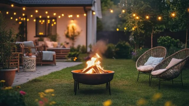 Cozy backyard fire pit glowing warmly with string lights and outdoor furniture including chairs on grass creating relaxing garden evening ambiance