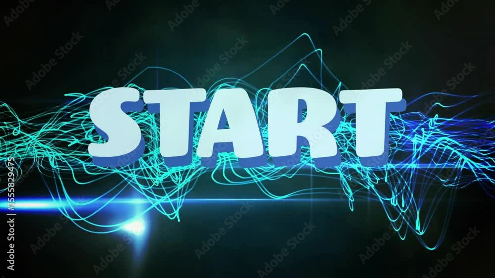 Poster flickering neon waves initiating flashing bits, rotating tick marks around 3d start, signaling loop