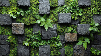 Lush greenery and stone wall design urban setting nature photography modern aesthetic close-up view eco-friendly concept