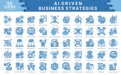 AI Driven Business Strategies icon set. Simple blue vector illustration.