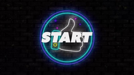 Opening neon circle with phone shape, thumbs up tracing and START text glitching signaling start - Powered by Adobe