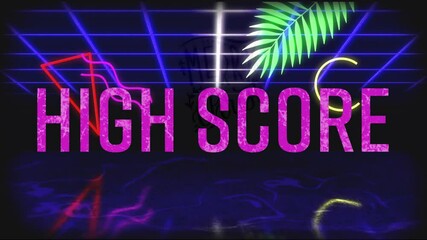 Glitch flickering initiating pink HIGH SCORE materializing over grid, revealing Chusei mass logo - Powered by Adobe