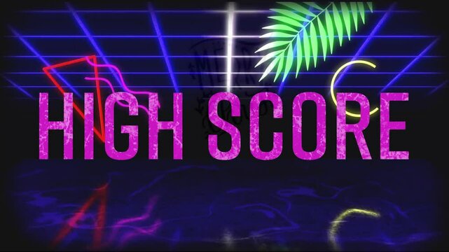 Glitch flickering initiating pink HIGH SCORE materializing over grid, revealing Chusei mass logo