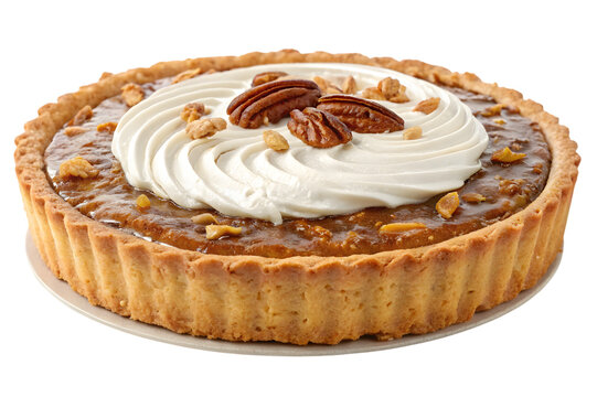 Delicious pecan pie with whipped cream and nuts isolated on transparent background