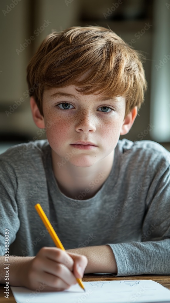 Poster portrait of a focused redhead boy doing homework and drawing on paper with a pencil, sitting at a de