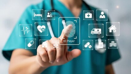 A doctor uses a fingerprint scanner to access patient data on a digital interface - Powered by Adobe