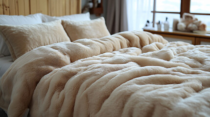 Cozy bedding arrangement modern bedroom interior photography soft textures natural light home comfort concept