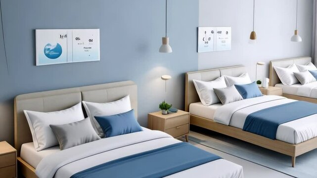 Three minimalist bedrooms with neutral wood frames, white bedding and blue accents, illuminated by lamps and light from the window