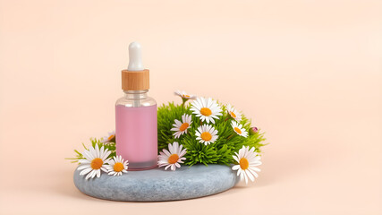 Pink serum bottle with daisies on stone pink liquid