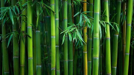 Obraz premium Lush Green Bamboo Grove: A tranquil scene of vibrant green bamboo stalks densely packed together, creating a natural barrier, evoking a sense of peace and serenity.