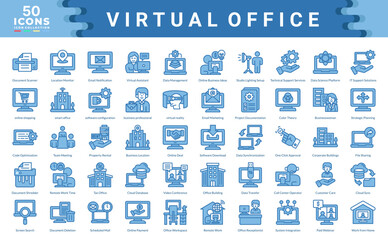 Virtual Office icon collection. Simple blue vector illustrations.