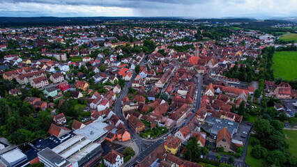 A panoramic aerial view around the old town in Langenzenn Germany on a cloudy spring morning